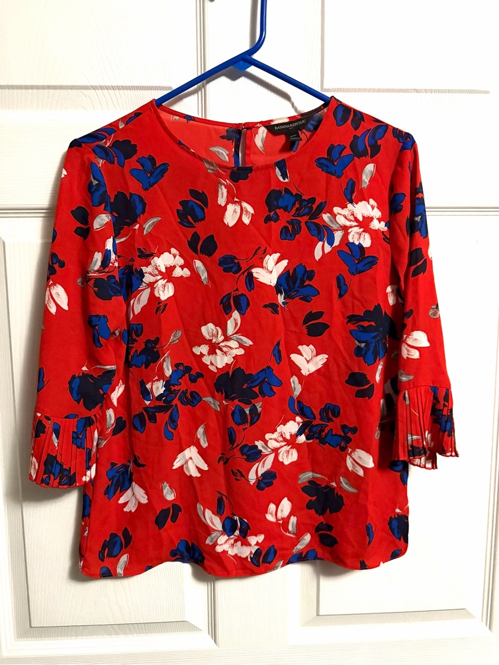 Banana Republic Red Floral Blouse with Blue & White Flowers